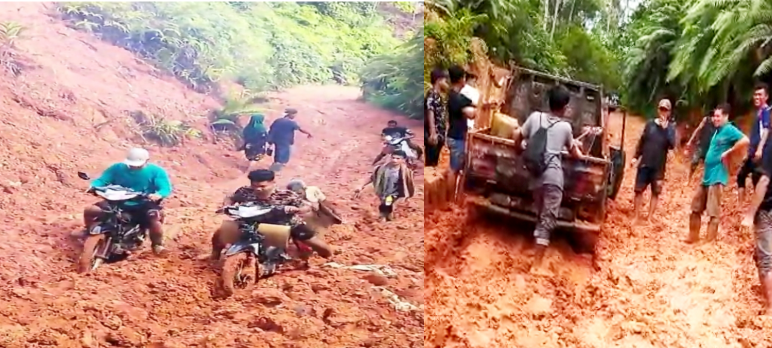 Warga Pengguna jalan Sinunukan via Simpang Nunur, tampak pengendara sepeda motor dan kendaraan roda empat terjebak dalam lumpur, fhoto : istimewa.