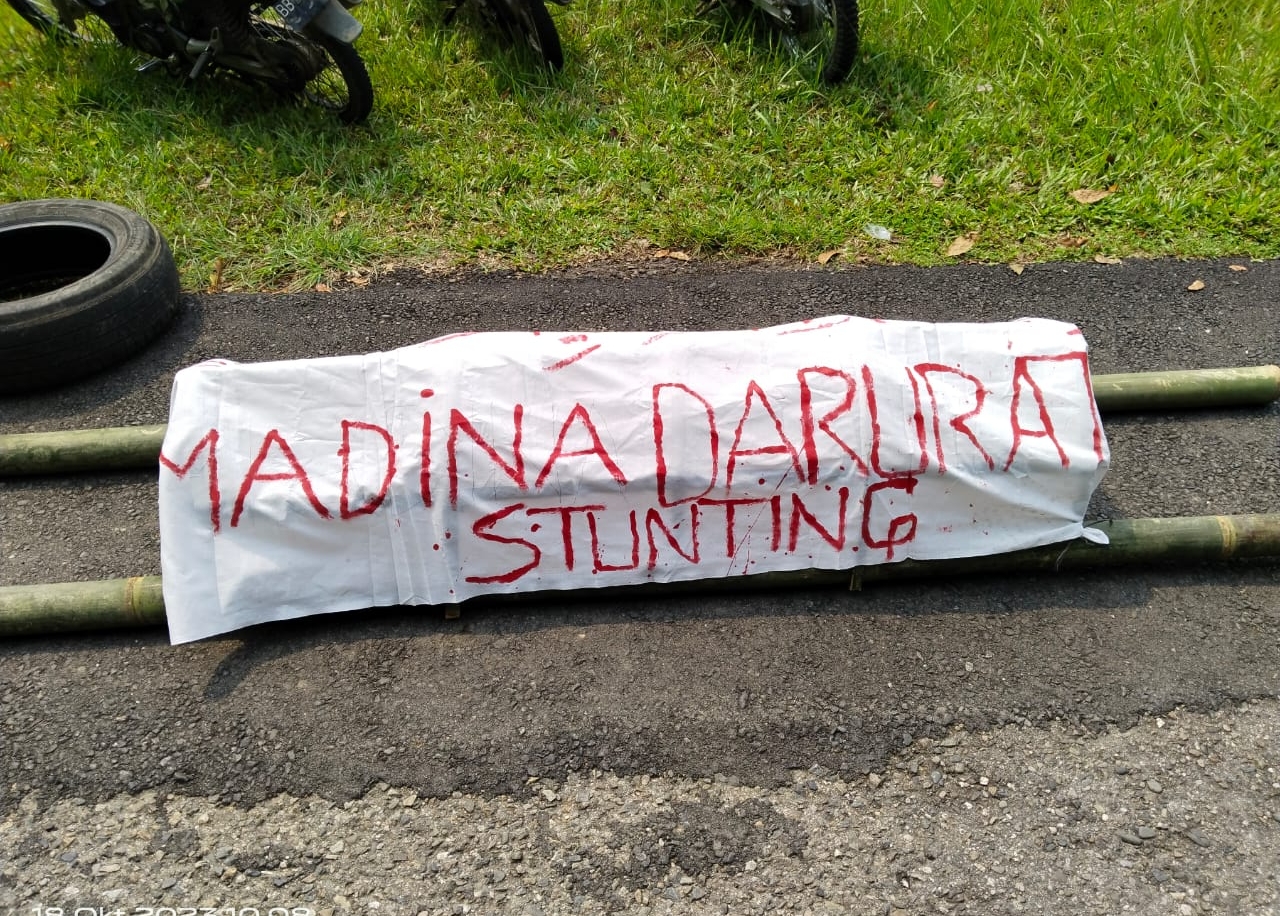 Replika keranda jenazah yang bertuliskan Madina darurat stanting yang dibawa mahasiswa saat berorasi di komplek perkantoran Bupati Madina, fhoto : Istimewa.