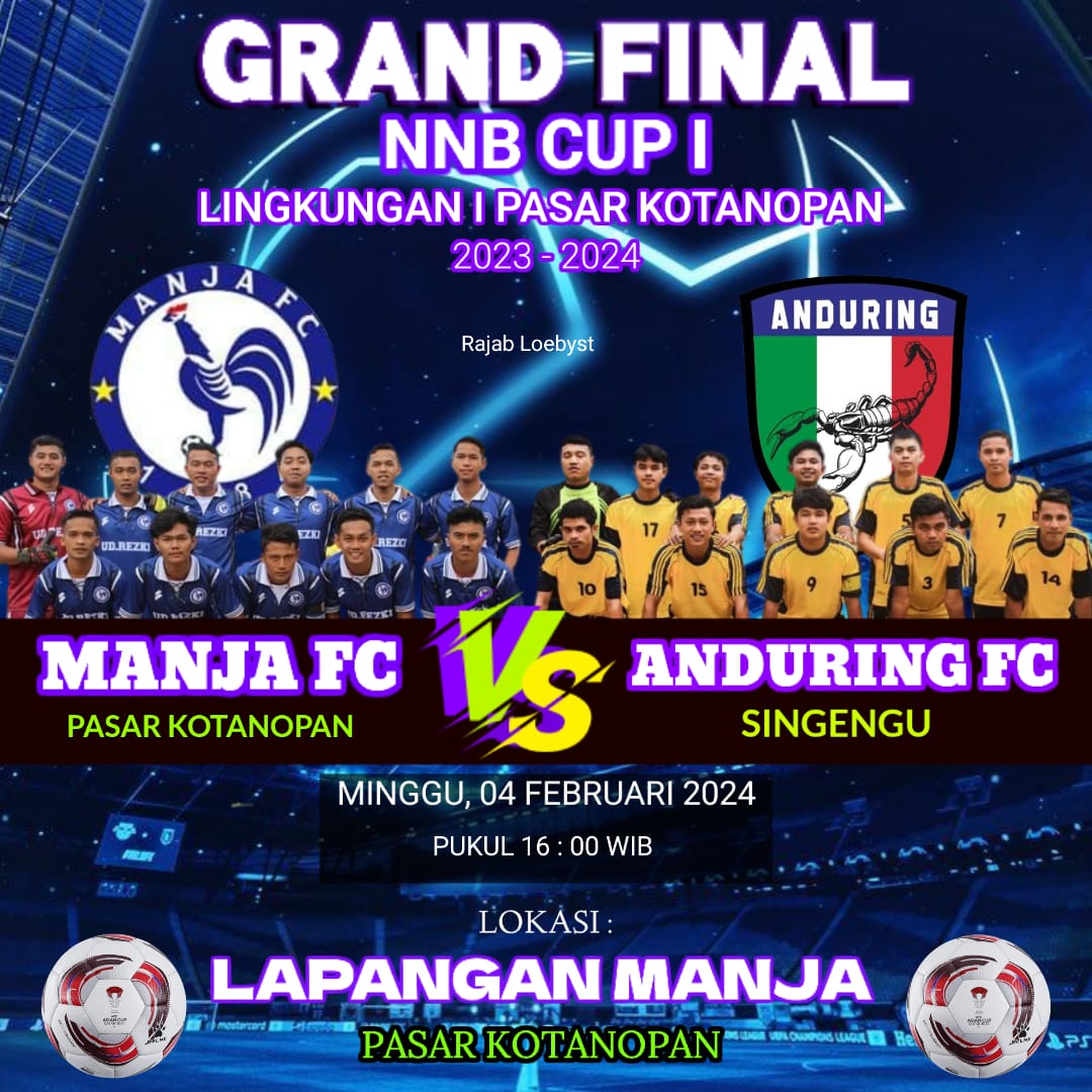 Pertandingan partai final kejuaran sepakbola memperebutkan trofi NNB Cup-1 Lingkungan I Pasar Kotanopan tahun 2023/2024. fhoto : Istimewa.