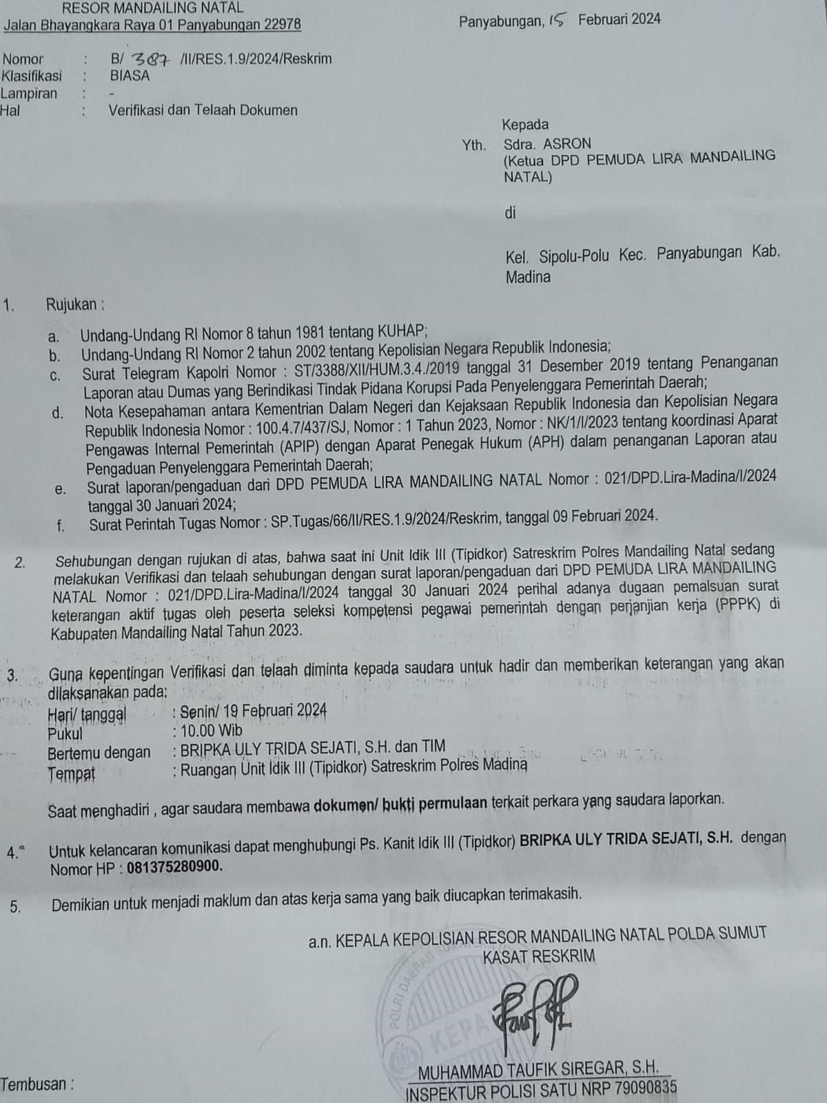 Surat pelapor terkait dugaan penggunaan SK aktif tugas dr AK telah diundang ke Polres Madina untuk dalam rangka penyelidikan dan untuk mengumpulkan dokumen-dokumen yang diperlukan, kamis (22/2/2024) fhoto : istimewa.
