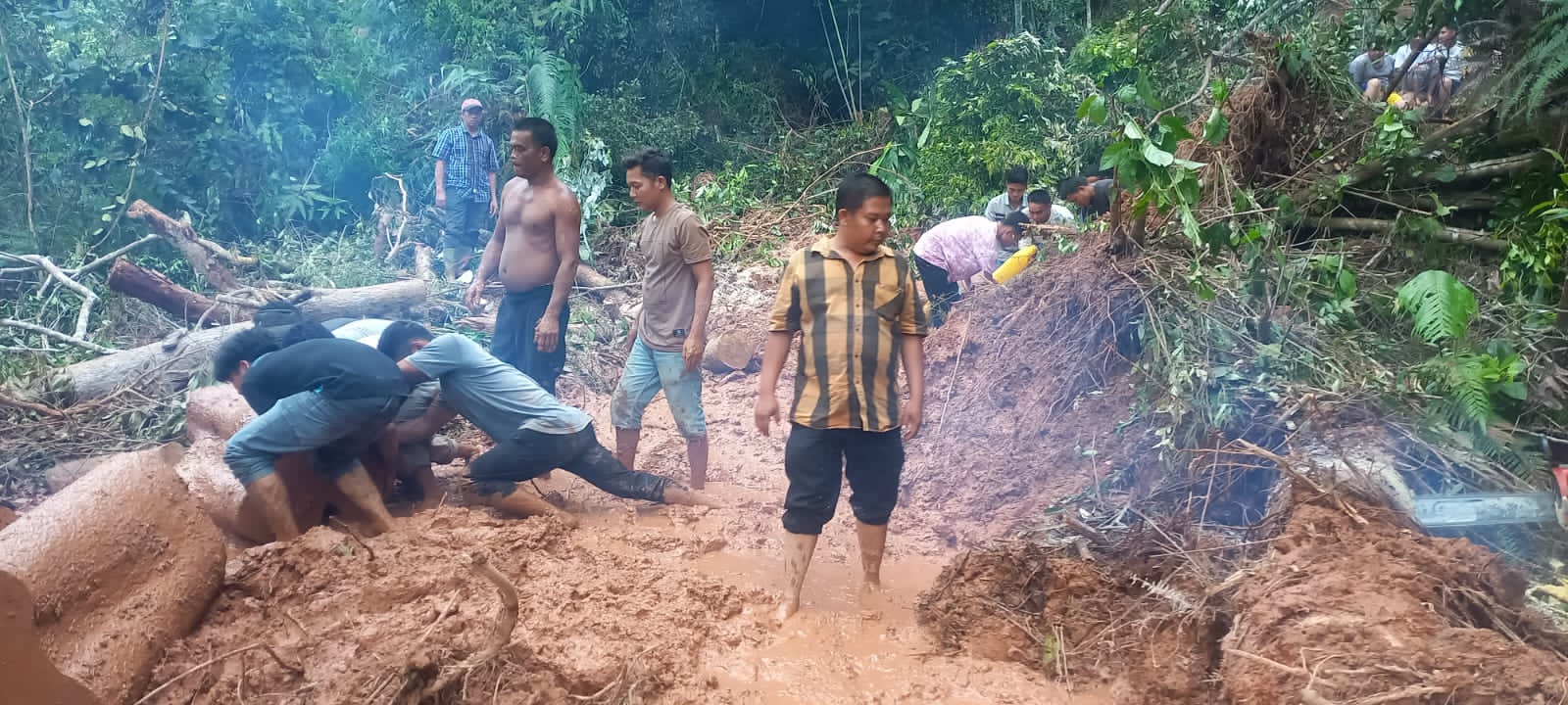 Puluhan warga Desa Gunungtua SM Kecamatan Kotanopan bergotong royong membersihkan material longsor dan kayu yang menutupi jalan menuju Desa, Minggu (12/5/2024) fhoto : Munir Lubis / Wartamandailing.